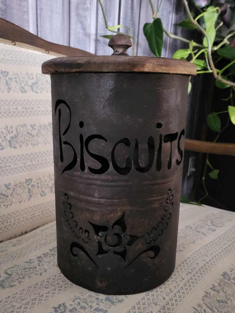 Vintage 1990s Galvanized Metal Biscuits Canister Large Exterior Patina Rustic